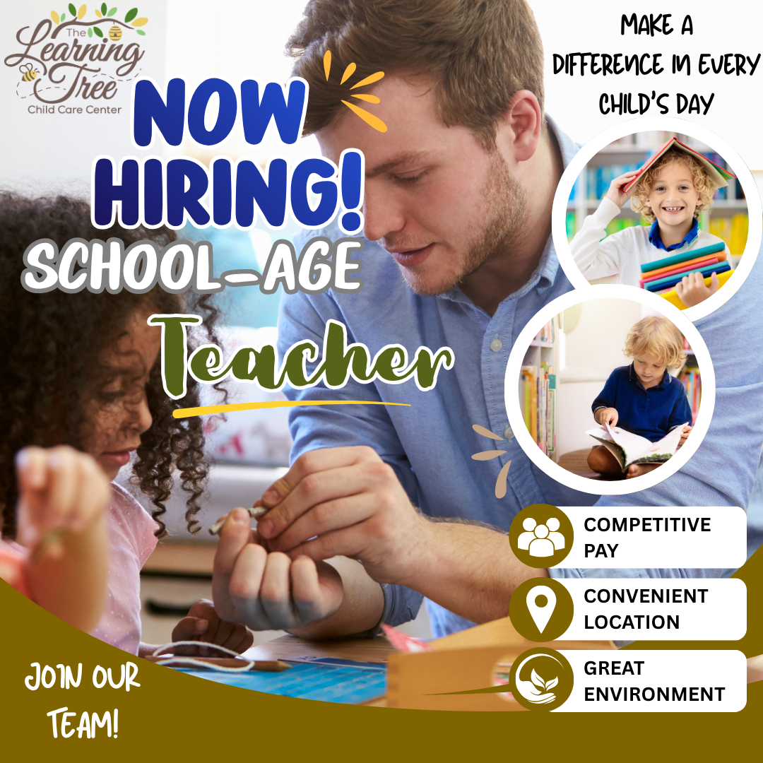 Recruitment poster for a school-age teacher: an adult helps a child, with two circular photos of students and benefit bullets (competitive pay, convenient location, great environment); 'Join our team'.